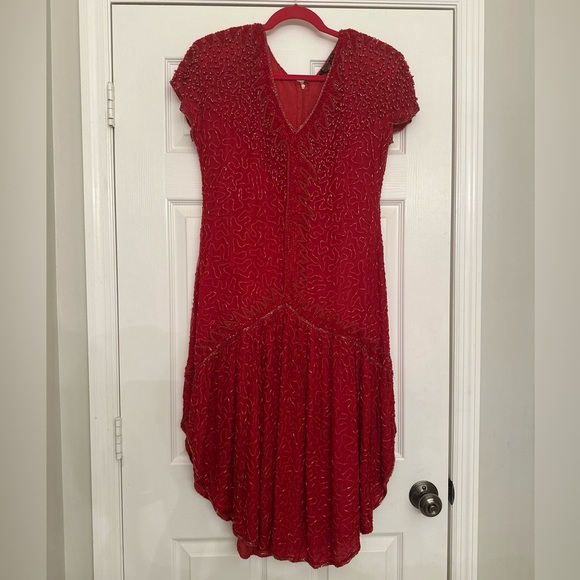 Vintage Red Beaded Silk Gatsby Flapper Dress Women’s XL - Picture 9 of 10
